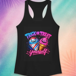 Black Halloween tank top with neon dessert design trick or treat yourself funny spooky cute summer shirt
