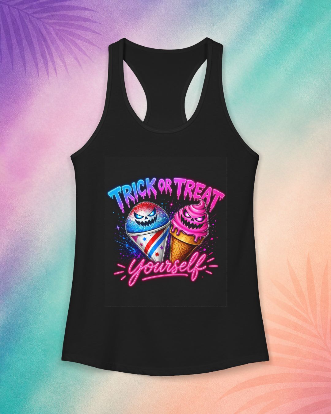 Black Halloween tank top with neon dessert design trick or treat yourself funny spooky cute summer shirt