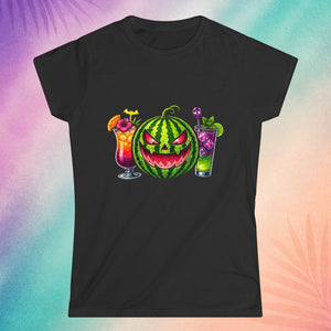 Black Summerween shirt with watermelon jack o lantern and spooky cocktail design tropical Halloween aesthetic tee