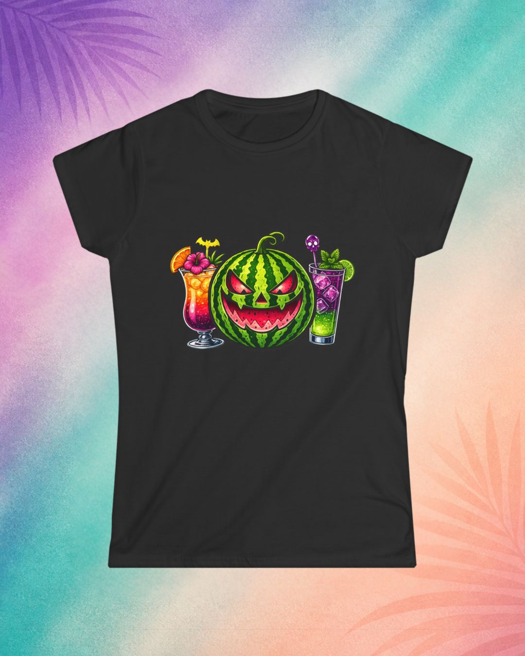 Black Summerween shirt with watermelon jack o lantern and spooky cocktail design tropical Halloween aesthetic tee