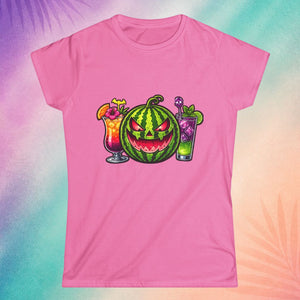 Pink cute Halloween shirt with watermelon pumpkin face and colorful cocktails Summerween outfit for women