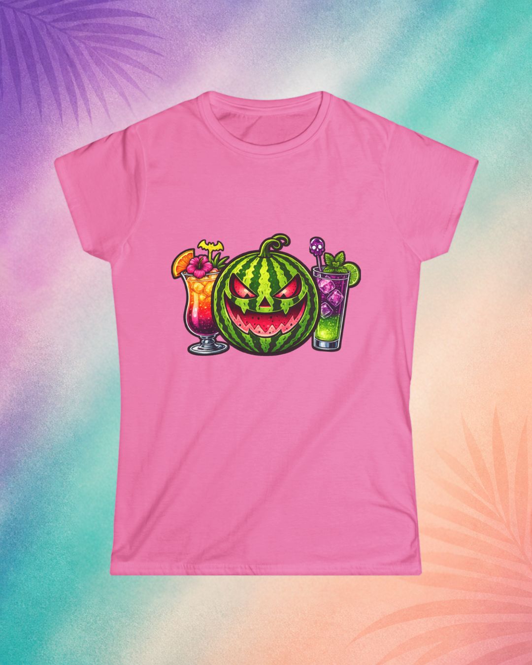 Pink cute Halloween shirt with watermelon pumpkin face and colorful cocktails Summerween outfit for women