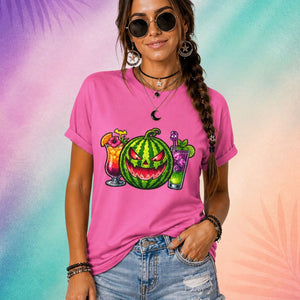 Cute Halloween shirt for women featuring watermelon jack o lantern with tropical cocktails Summerween aesthetic outfit