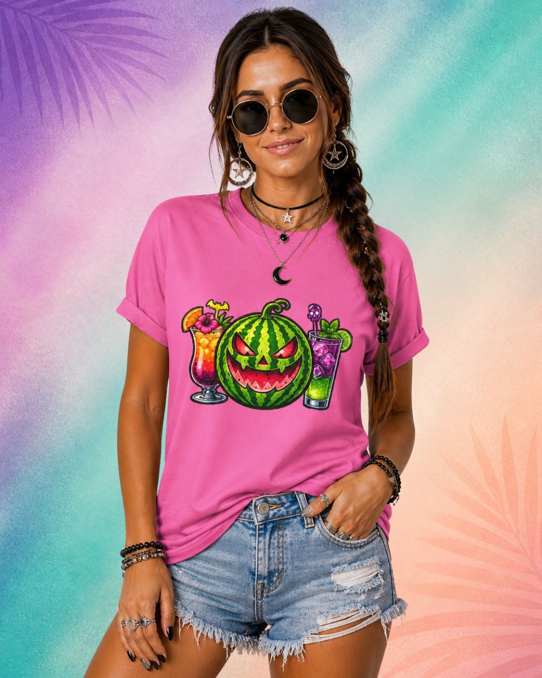 Cute Halloween shirt for women featuring watermelon jack o lantern with tropical cocktails Summerween aesthetic outfit