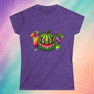 Purple heather spooky t shirt with watermelon jack o lantern and tropical drink design summer Halloween clothing