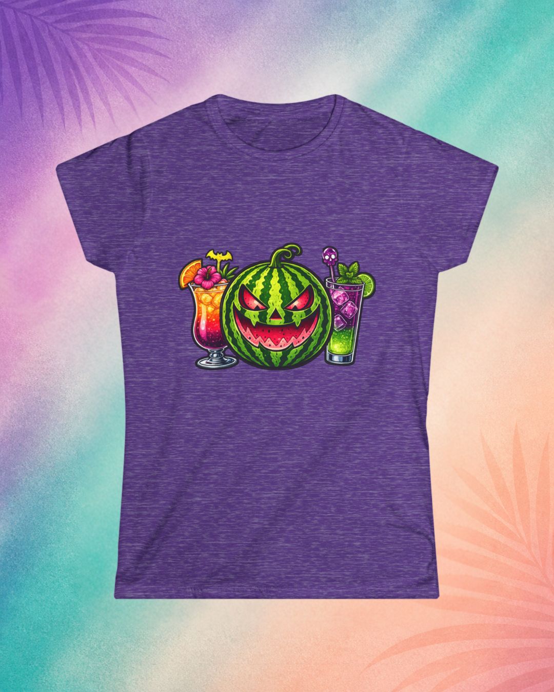 Purple heather spooky t shirt with watermelon jack o lantern and tropical drink design summer Halloween clothing