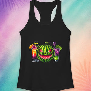 Black summerween tank top with watermelon jack o lantern and tropical cocktail Halloween design