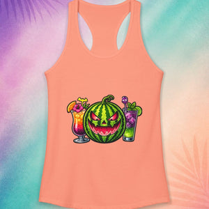 Peach summerween tank with watermelon jack o lantern and tropical drinks spooky beach Halloween shirt