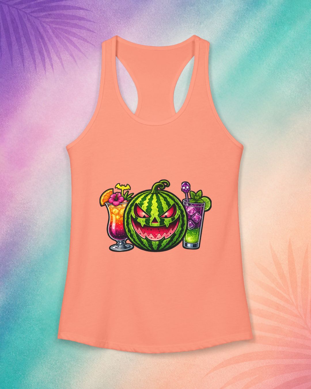 Peach summerween tank with watermelon jack o lantern and tropical drinks spooky beach Halloween shirt