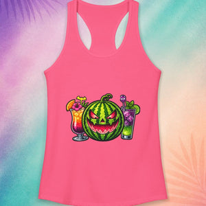 Pink Halloween summer tank top with watermelon jack o lantern cocktail design cute spooky outfit