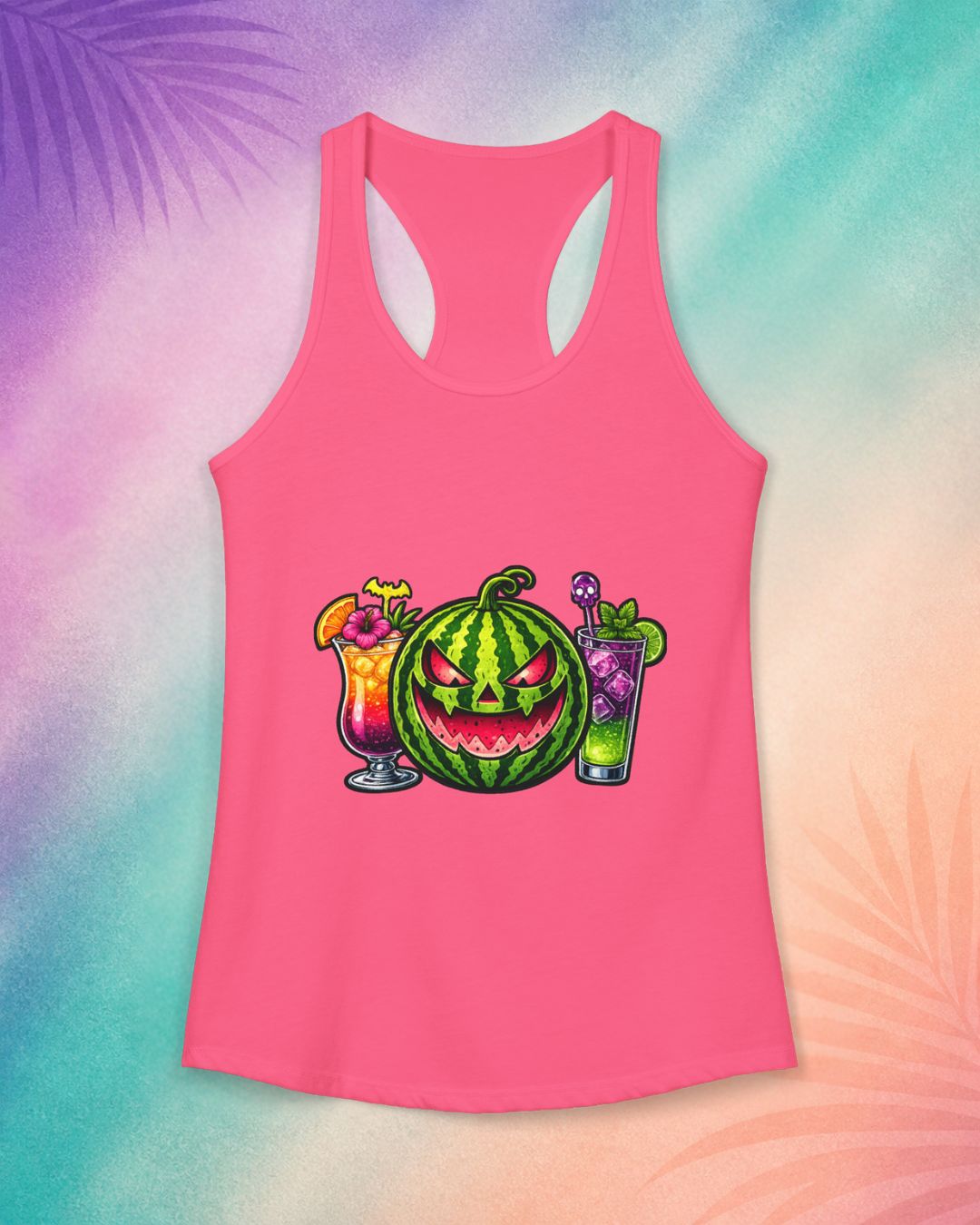 Pink Halloween summer tank top with watermelon jack o lantern cocktail design cute spooky outfit