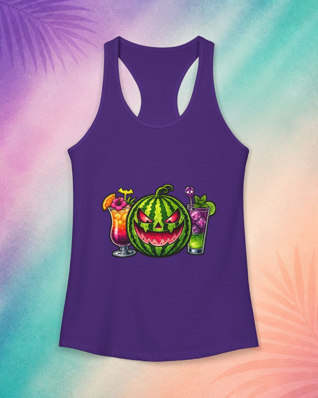 Purple spooky summer tank top with watermelon pumpkin cocktail design cute Halloween beach aesthetic