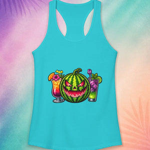 Teal summerween tank top with watermelon jack o lantern and drinks spooky tropical Halloween shirt