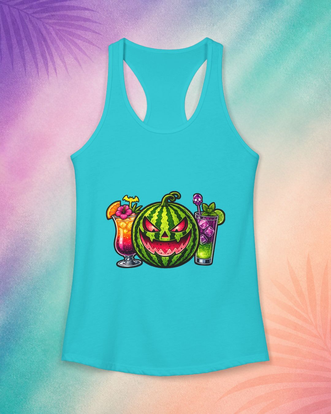 Teal summerween tank top with watermelon jack o lantern and drinks spooky tropical Halloween shirt