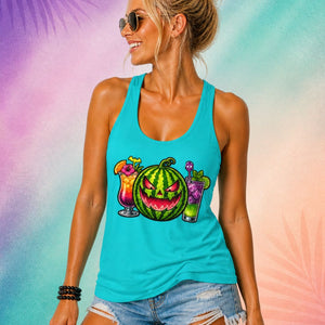 Summerween tank top with watermelon jack o lantern and spooky cocktails cute Halloween beach outfit for women