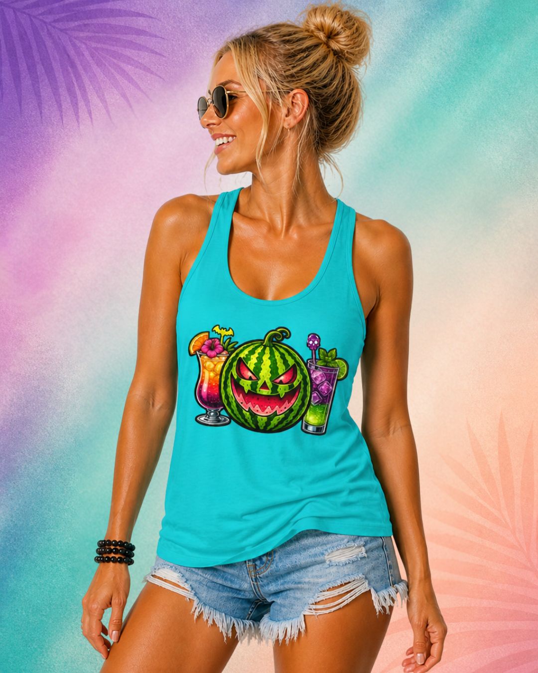 Summerween tank top with watermelon jack o lantern and spooky cocktails cute Halloween beach outfit for women