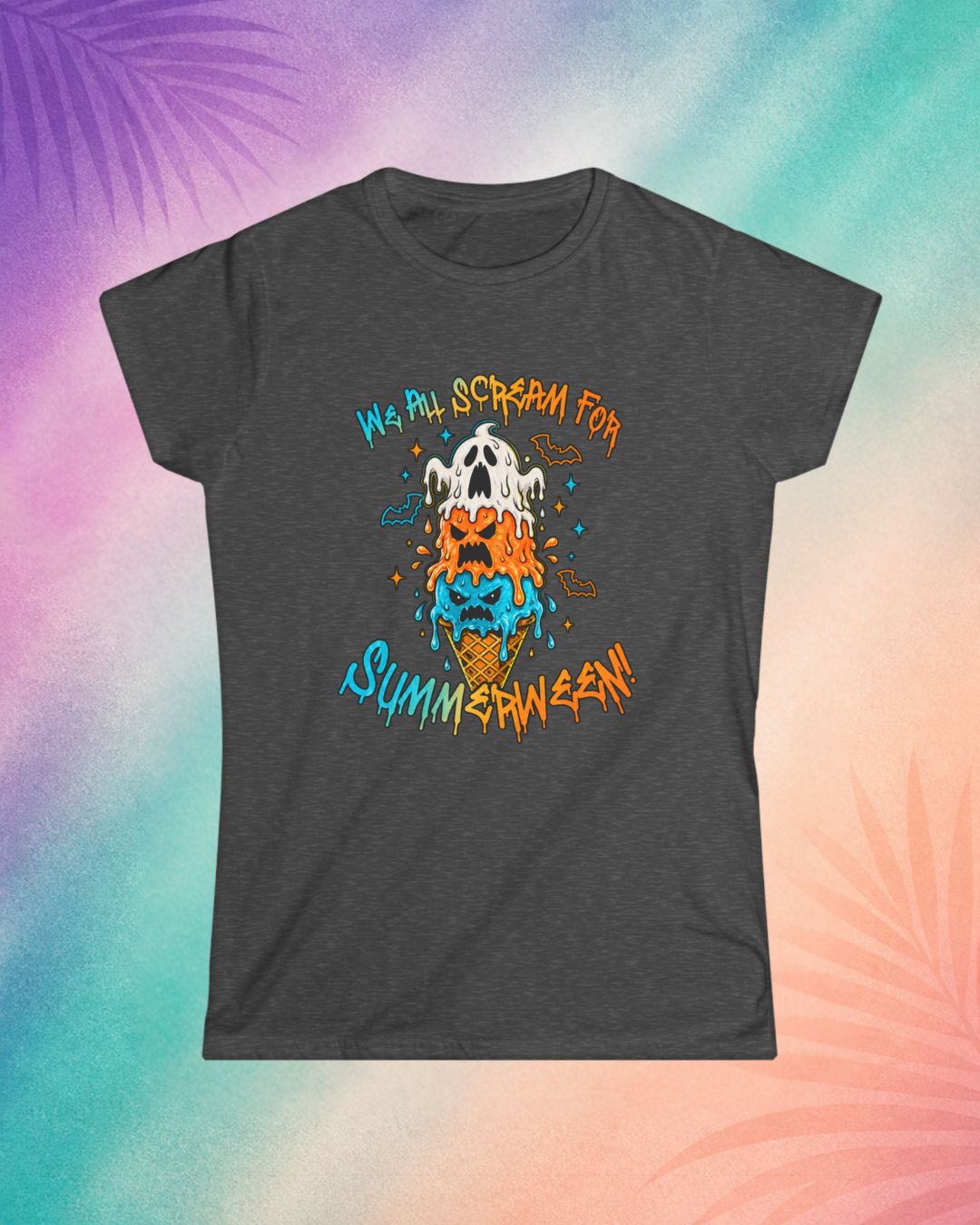 Dark grey summerween shirt featuring melting spooky ice cream graphic funny Halloween shirt for adults