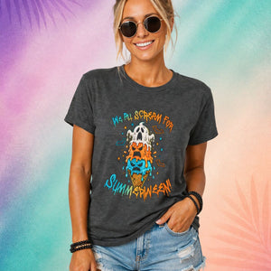 Funny summerween shirt for women with melting spooky ice cream skull design “We All Scream for Summerween” Halloween tee