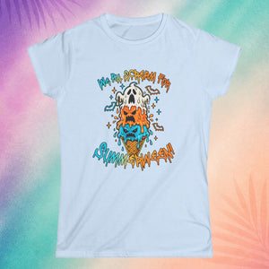 Light blue Halloween shirt with melting ghost ice cream design cute summerween outfit idea for women