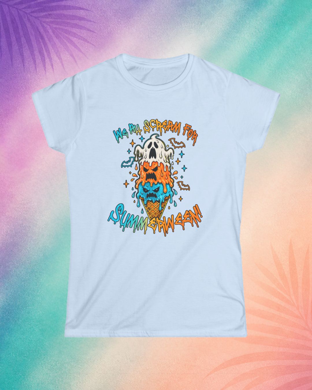 Light blue Halloween shirt with melting ghost ice cream design cute summerween outfit idea for women