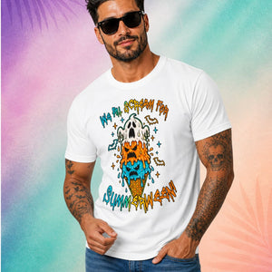 male model wearing we all scream for summerween shirt spooky t shirt halloween funny shirts melting ice cream skull design