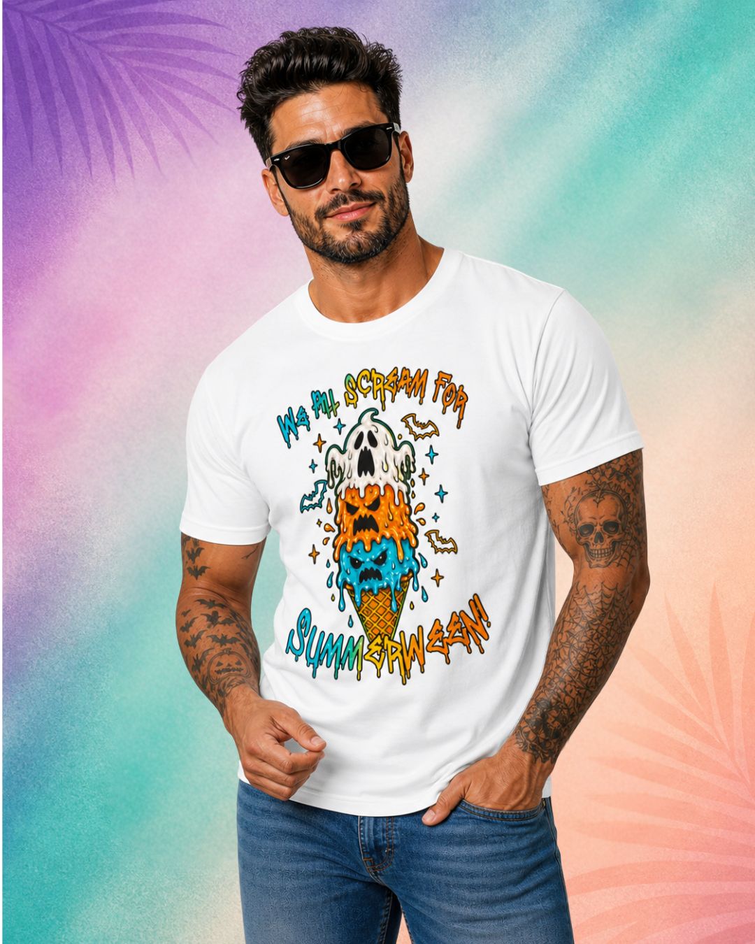 male model wearing we all scream for summerween shirt spooky t shirt halloween funny shirts melting ice cream skull design