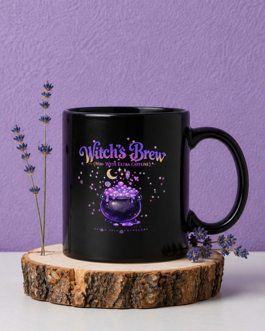 Witchy coffee mug with “Witch’s Brew” design on black gothic mug, witchy home decor and gift for her