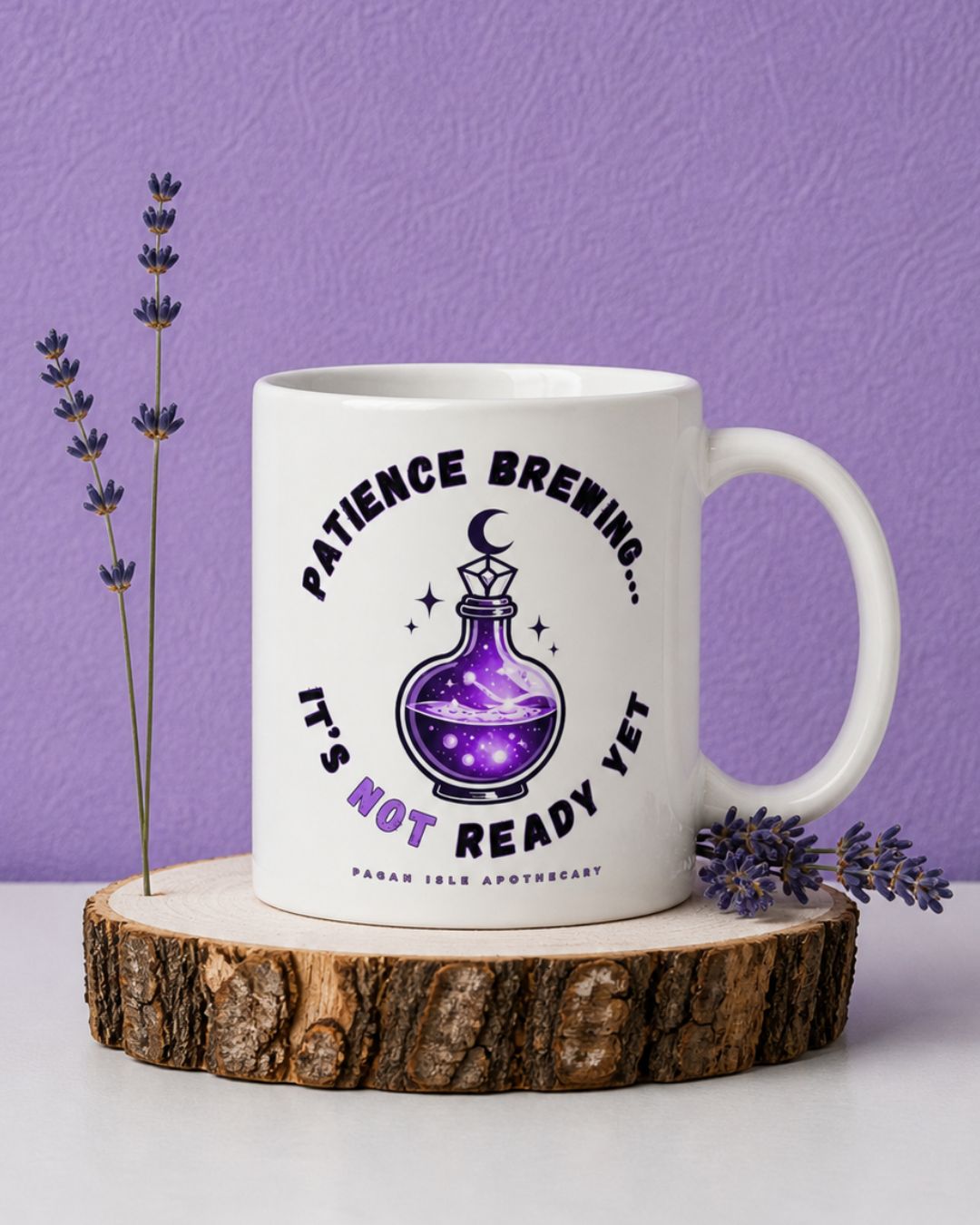 Witchy mug with “Patience Brewing” potion design on white coffee mug, witchy home decor and gift for her