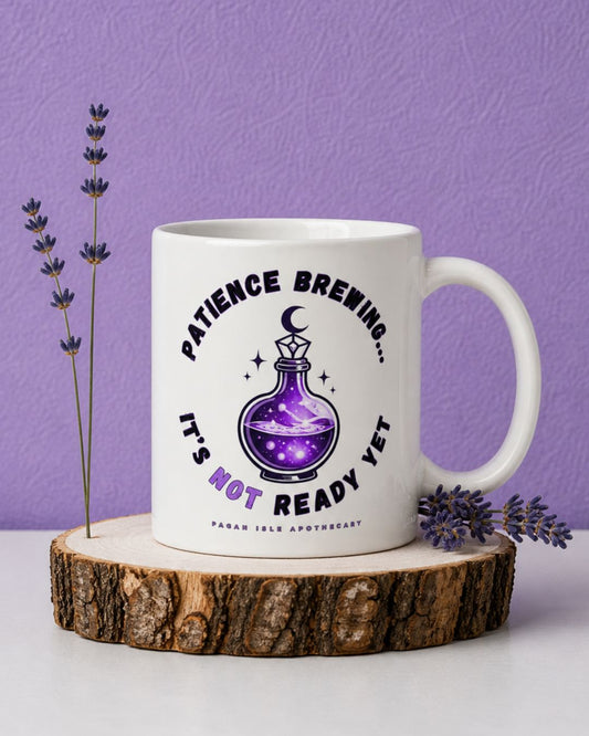 Witchy mug with “Patience Brewing” potion design on white coffee mug, witchy home decor and gift for her